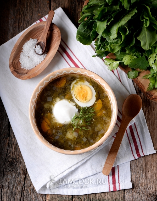 绿色卷心菜汤与栗色和鸡蛋的照片