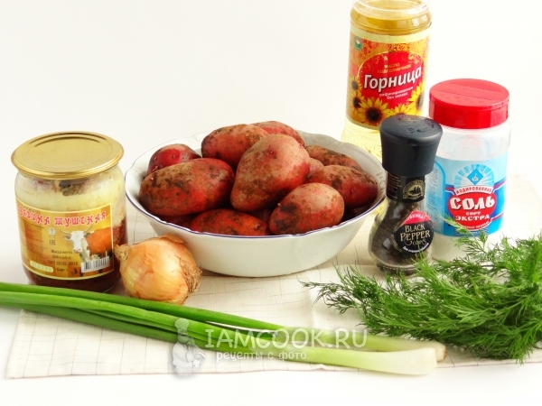 Složení pro smažené brambory s gulášem v pánvi