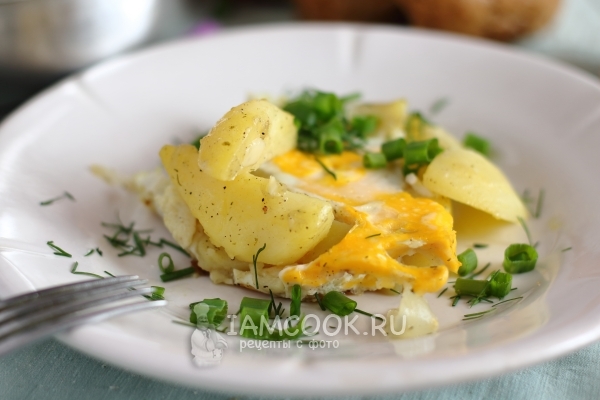 Снимка на пържени картофи с яйце в тиган