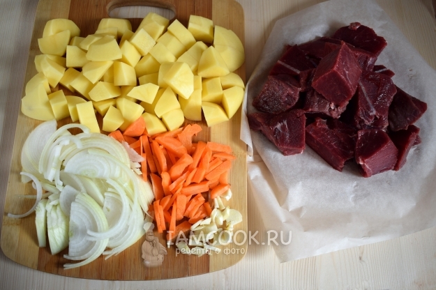 Cut vegetables and meat